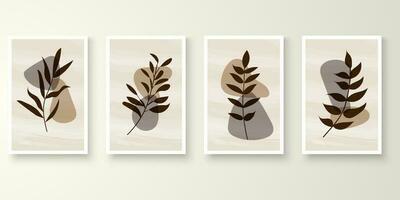 Set of minimal natural wall art in white frames. Foliage line art drawing with abstract shape composition earth tone. Art vector illustration.