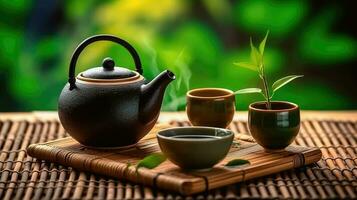 sereno té ritual - pequeño tetera y tazas creando un pacífico atmósfera - generativo ai foto