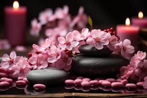 Spa massage stones surrounded by pink flowers, towels, front view, wellness backdrop photo