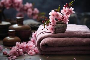 Front view of a wellness background, spa stones, pink flowers, towels photo