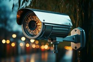 cctv tráfico cámara vigila ocupado ciudad la carretera para mejorado seguridad ai generado foto