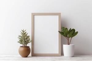 Close-up shot of a mockup frame in a white room with natural wood decor AI Generated photo