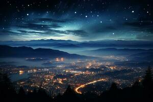 celestial sinfonía, meteoros iluminar el noche cielo como montañas y ciudad coexistir ai generado foto