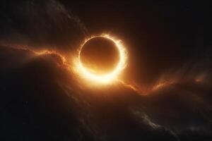 celestial espectáculo, solar eclipse velado por etéreo nubes y Dom llamarada ai generado foto