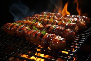 Juicy bratwurst, basking on the barbecue, ready to be devoured AI Generated photo