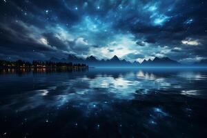 Nighttime serenity envelops the lake, merging with the blue horizon AI Generated photo