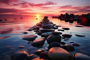 Tranquil sunset setting, Zen stones peacefully resting in shimmering water photo