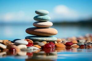 Harmonious spa stones balance against a vibrant summer sky backdrop AI Generated photo