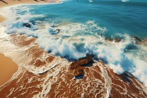 A captivating aerial shot captures the idyllic essence of a sandy beach AI Generated photo