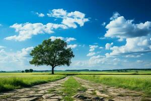 Choosing the path, fork in road against horizon, grass, blue sky AI Generated photo