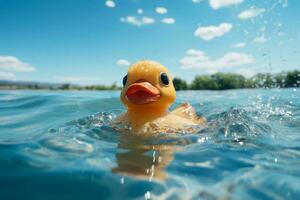 juguetón caucho Pato flotadores en azul agua, adornado con espumoso gotas ai generado foto