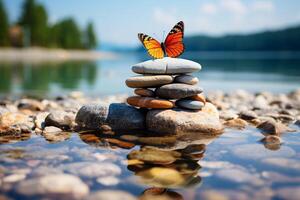 Nature's serenity, stacked pebbles, butterfly, colorful summer sky, tranquil beach AI Generated photo