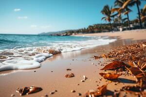 Idyllic summer getaway, golden sandy beach, blurred palm leaves, sparkling waters photo