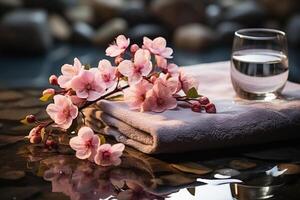 A front view of spa stones, pink flowers, towels, creating a soothing wellness banner photo