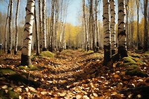 el belleza de otoño es revelado en el iluminado por el sol abedul bosque en un tranquilo tarde ai generado foto