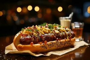 Christmas market treat, Bratwurst sausage in a bun, mustard, vibrant blur of lights AI Generated photo