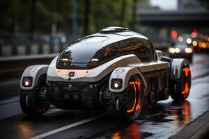 Roadblock encounter, Autonomous robot navigates traffic congestion, reflecting self-driving cars photo