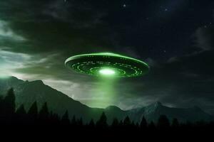 sobrenatural observación, OVNI astronave en dramático noche cielo, verde criatura cerca ai generado foto