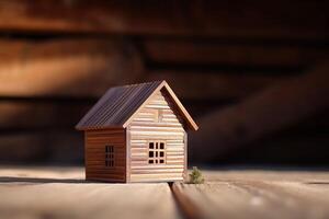 Wooden house model on wood background representing construction and ecology photo