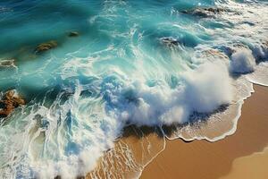 A captivating aerial shot captures the idyllic essence of a sandy beach AI Generated photo