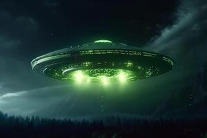 Alien visitation, UFO spaceship hovers in night sky, green creature awaits AI Generated photo