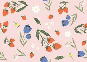 Fruit and flower hand drawn illlustration seamless pattern on pink blackground -Strawberry vector