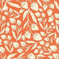 Fruit and flower hand drawn illlustration seamless pattern on orange blackground -Strawberry vector