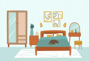 Bedroom with double bed, wardrobe and dressing table vector