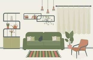 Interior design of a room with furniture. Sofa with pillows, armchair, bookshelves, window with curtains, potted plants, watering can, carpet, flowers in a vase. Vector illustration with flat style.