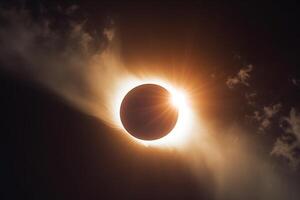 enigmático eclipse, nubes sudario el celestial evento, Dom llamarada rompe mediante ai generado foto