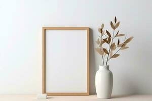 Close-up of a mockup frame in a white room adorned with natural wooden furniture AI Generated photo