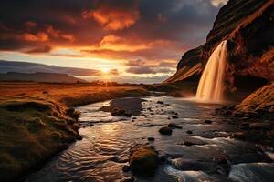 Sunset unveils the awe-inspiring beauty of Seljalandsfoss, a captivating waterfall AI Generated photo