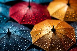 Colorful umbrella shields against a backdrop of splashing raindrops photo