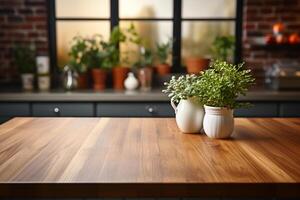 Blurred kitchen room background complements wood table top for versatile displays photo