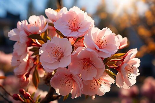 muelles delicado floraciones ven viva en contra un iluminado por el sol, borroso naturaleza fondo ai generado foto