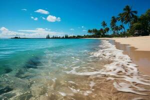 Panoramic tropical beach, golden sand, palm trees, turquoise sea, blue sky AI Generated photo