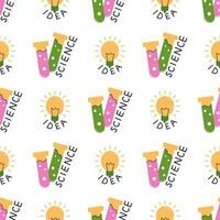 Vector back to school seamless pattern. Education and study concept. Test tube and light bulb on white background. Success in scientific activity. Trendy school pattern.