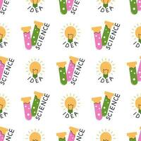 Vector back to school seamless pattern. Education and study concept. Test tube and light bulb on white background. Success in scientific activity. Trendy school pattern.