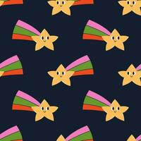 Vector positive seamless pattern with cute falling stars. Funny smiling stars with colorful tail on dark background. Pattern with comets. Concept of making a wish. Funny and happy childish print.