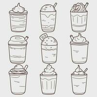 Collection of cold drinks in glasses. Vector illustration in doodle linear illustration isolated background