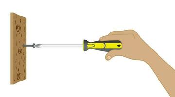 Hand of the worker screws in a wooden block with a screwdriver. Vector illustration EPS 10. style cartoon.