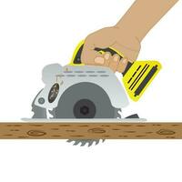 Builder saws a board with a circular saw in the cutting a wooden plank, Vector illustration EPS 10.