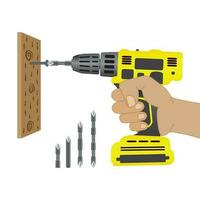 Electric screwdriver Electric screwdriver in hand. Battery screwdriver or drill. Home renovation equipment. Tools of the handyman. Isolated on white background. Vector illustration EPS 10.