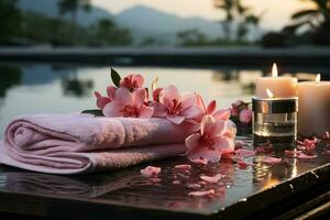 Captivating front view of a wellness paradise, spa stones, pink flowers, towels AI Generated photo