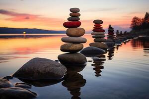 calmante spa configuración, equilibrado piedras, vistoso verano cielo, pacífico playa silueta ai generado foto