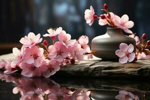 Serenity in focus, front view of stacked spa stones, pink flowers, towels AI Generated photo