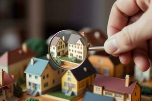 Hand holding magnifying glass, inspecting house model, real estate concept AI Generated photo