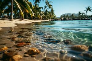 Serene tropical paradise, golden beach, blurry palm leaves, sunlit shimmering waters AI Generated photo