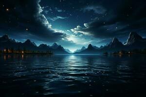 A dark expanse meets the shimmering blue horizon on the night lake AI Generated photo