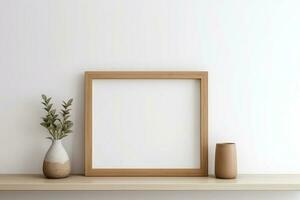 Up-close perspective of a mockup frame in a white room with natural wooden furnishings AI Generated photo